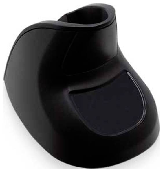 Eine schwarze ergonomische Vertikalmaus, die darauf ausgelegt ist, Belastungen am Handgelenk und an der Hand zu reduzieren.