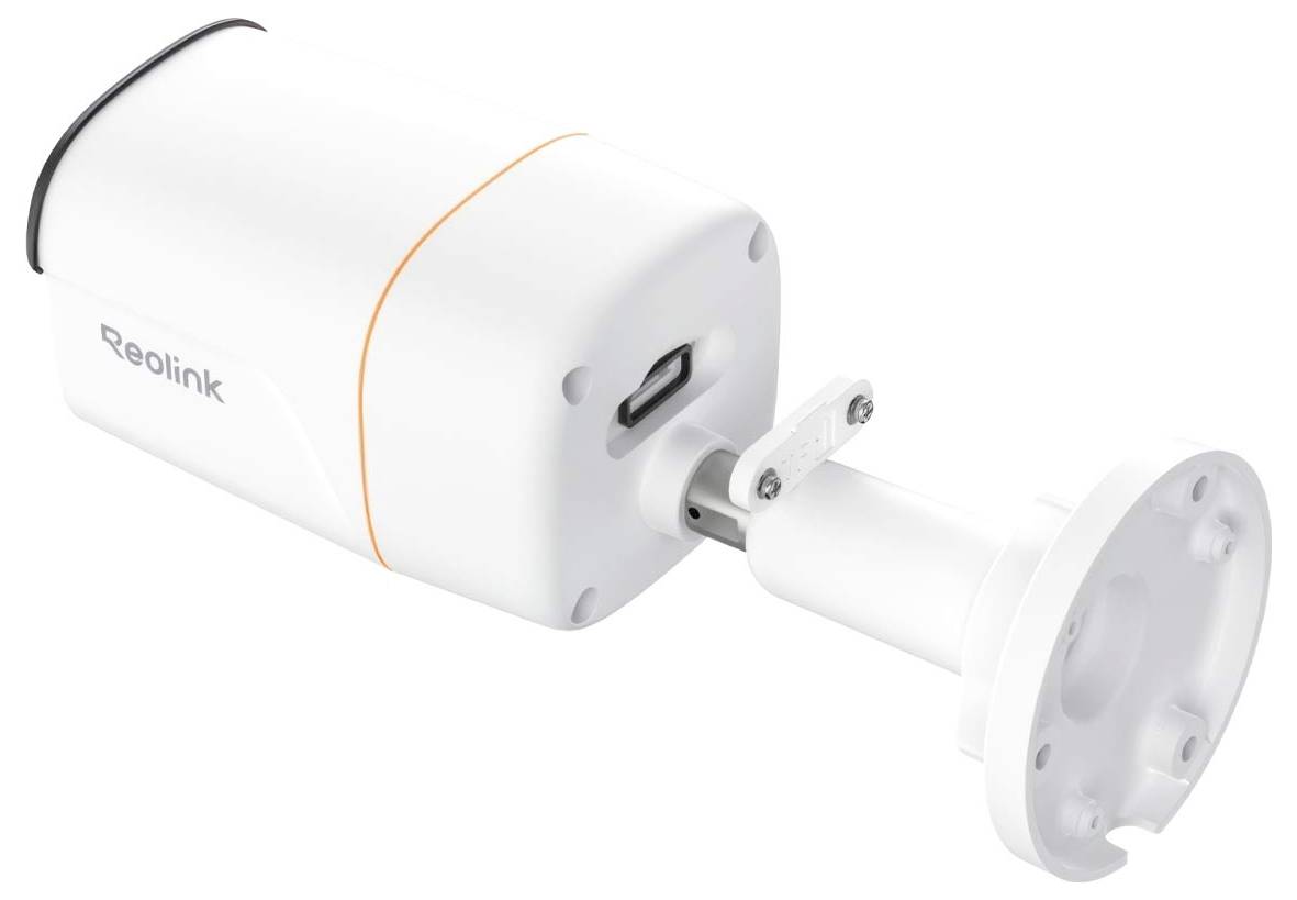 Outdoor-Kugelsicherheitskamera auf einer verstellbaren Halterung, mit einem kompakten, weißen, wetterfesten Gehäuse, das sich für die Überwachung eignet.