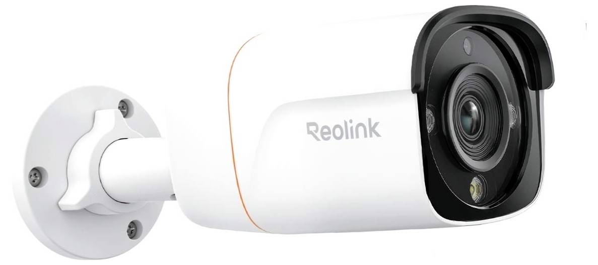 Eine weiße Sicherheitskamera mit einer schwarzen Linse, die an einer Wandhalterung befestigt ist. Die Marke 'Reolink' ist seitlich sichtbar.