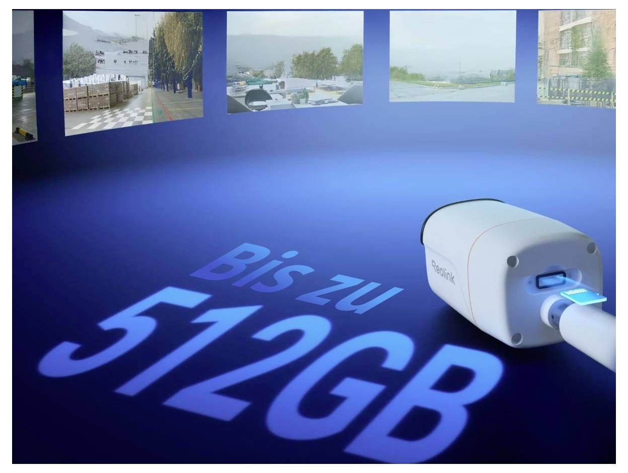 Kamera mit hervorgehobener Speicherinformation auf Projektionsfläche: 'Bis zu 512GB'. Im Hintergrund verschiedene Überwachungsbilder.