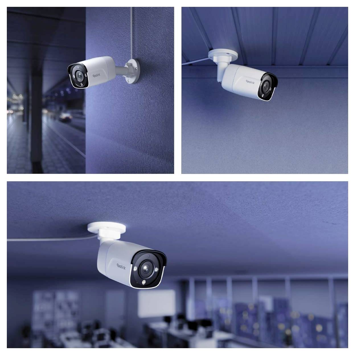Drei Sicherheitskameras, die jeweils an Wänden oder Decken in verschiedenen Umgebungen angebracht sind und unterschiedliche Perspektiven und Aufstellungen in urbanen Umgebungen veranschaulichen.