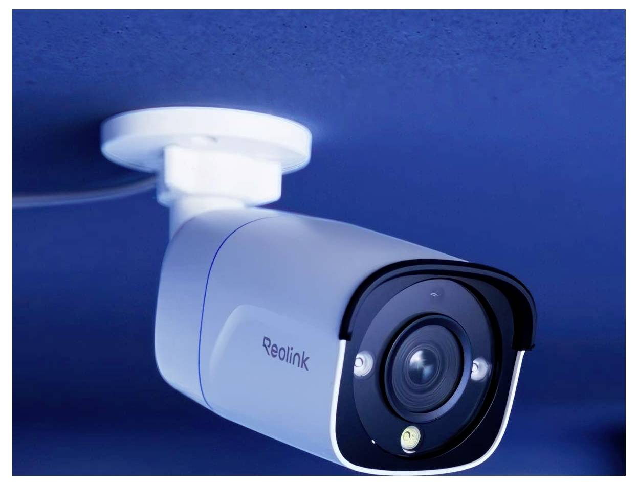 Eine weiße Sicherheitskamera, die an einer blauen Decke befestigt ist, nach unten gerichtet, mit dem Markennamen 'Reolink', der seitlich sichtbar ist.