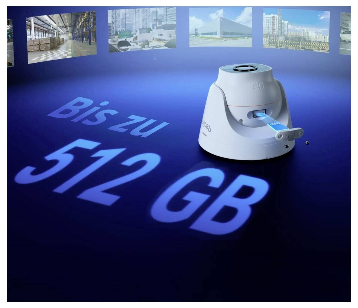 Ein kleines weißes Gerät mit der Aufschrift 'Bis zu 512 GB'. Im Hintergrund sind verschwommene Bilder von Lagerhallen und Gebäuden zu sehen.
