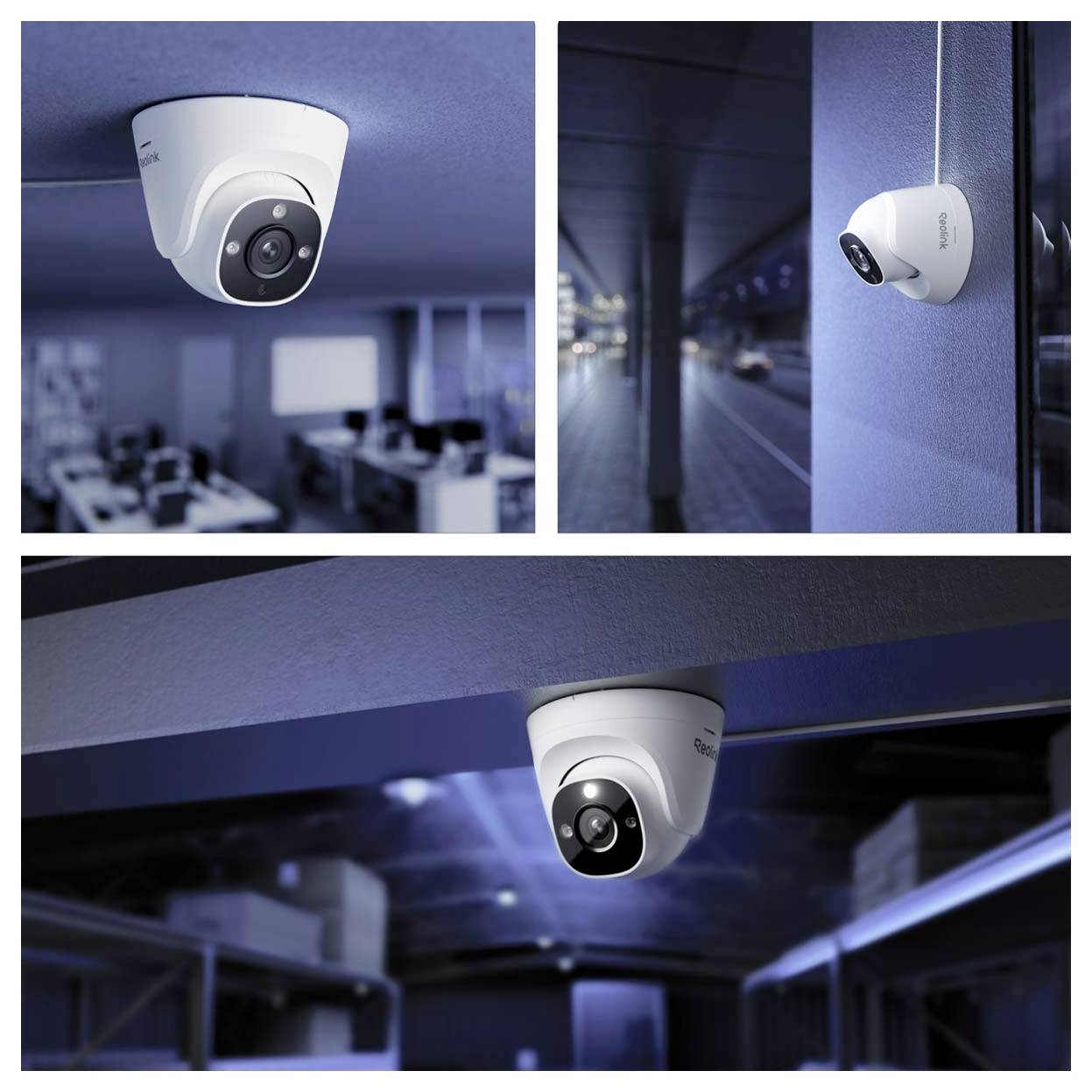 Drei Bilder, die weiße Überwachungskameras in Innen- und Außenbereichen zeigen. Die Kameras sind schlank und an Decken oder Wänden montiert.
