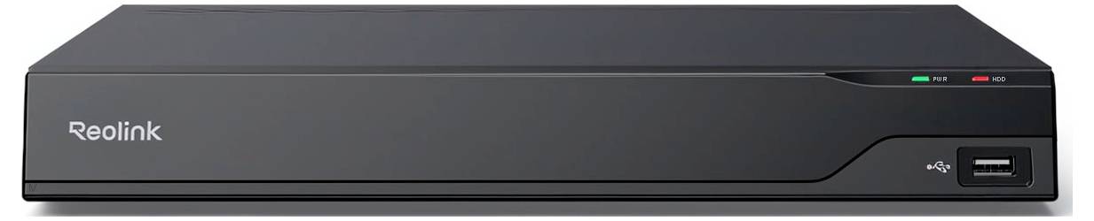Ein schwarzer Reolink NVR (Netzwerk-Videorekorder) mit einem USB-Anschluss auf der Vorderseite, Stromanzeigelichtern und dem Markenlogo auf der linken Seite.