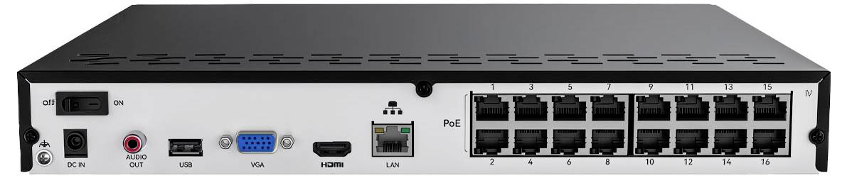 Das Bild zeigt die Rückseite eines Netzwerk-Switches mit verschiedenen Anschlüssen, darunter VGA, HDMI, LAN, PoE, USB und Netzschalter.