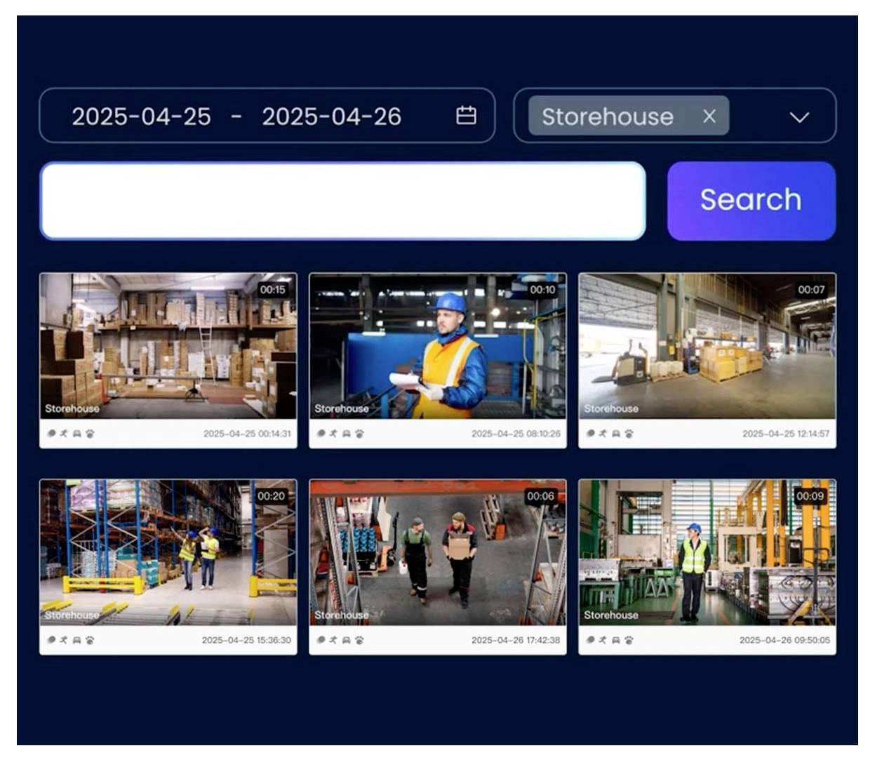 Suchoberfläche für eine Lagerhausvideobibliothek, gefiltert nach Datum '2025-04-25 - 2025-04-26'. Verschiedene Miniaturansichten von Lageräumen und Arbeitern.