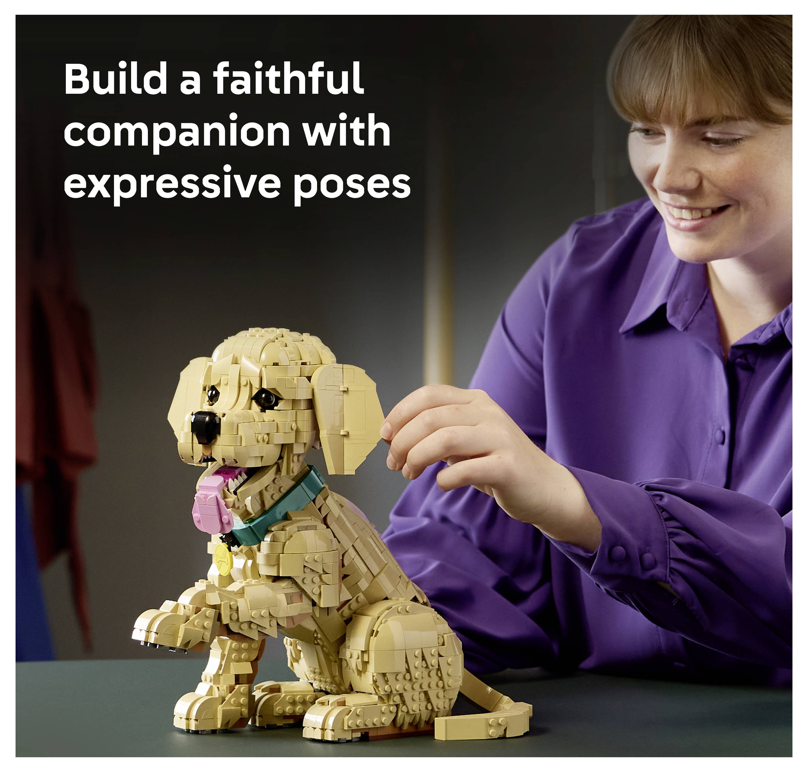 Eine Person baut ein detailliertes LEGO-Hundmodell. Der Text lautet: „Baue einen treuen Begleiter mit ausdrucksstarken Posen.