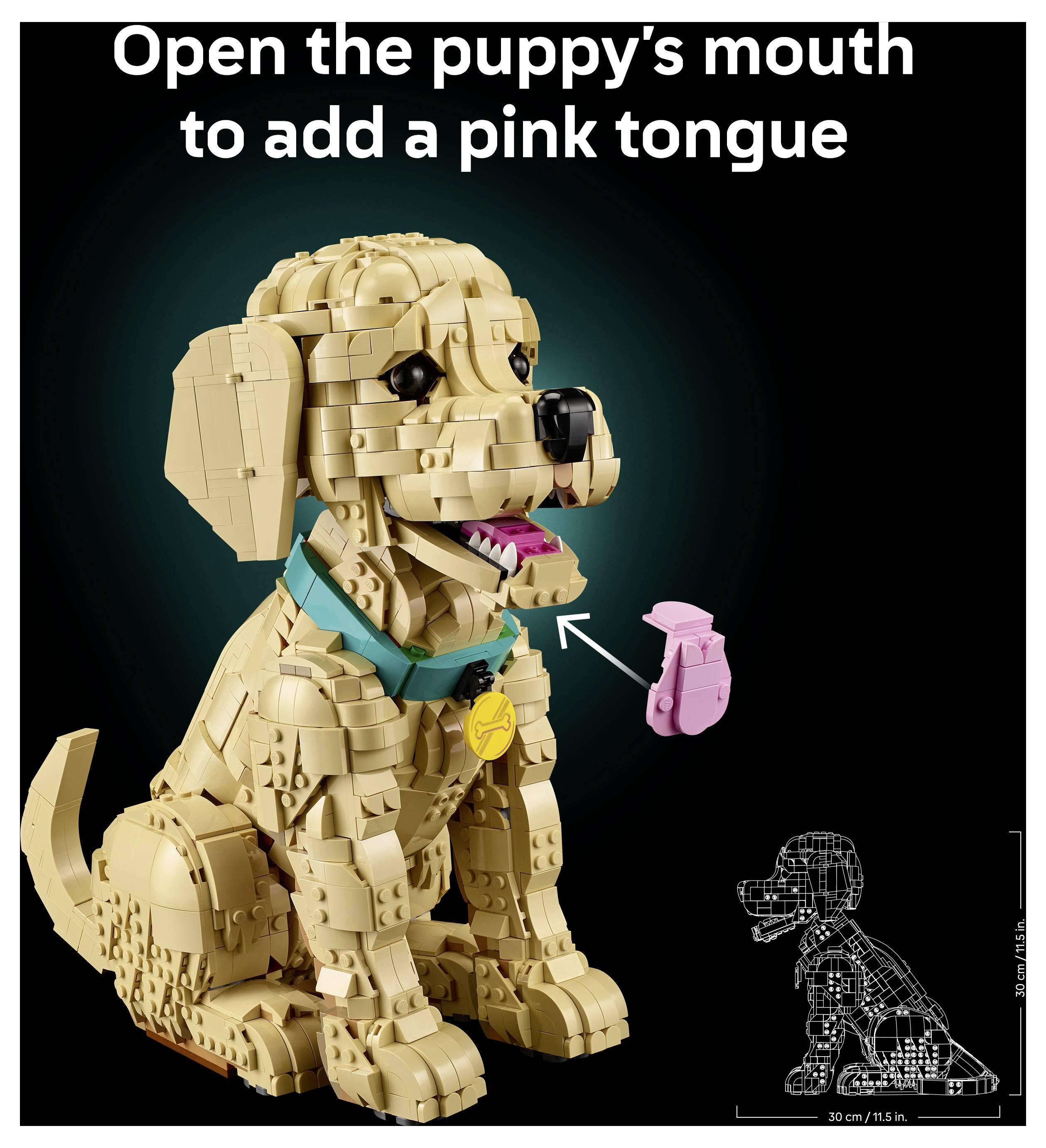 Ein LEGO-Welpenmodell mit offener Schnauze wird gezeigt. Ein Pfeil deutet auf eine rosa LEGO-Zunge hin und suggeriert, dass diese eingefügt werden kann.