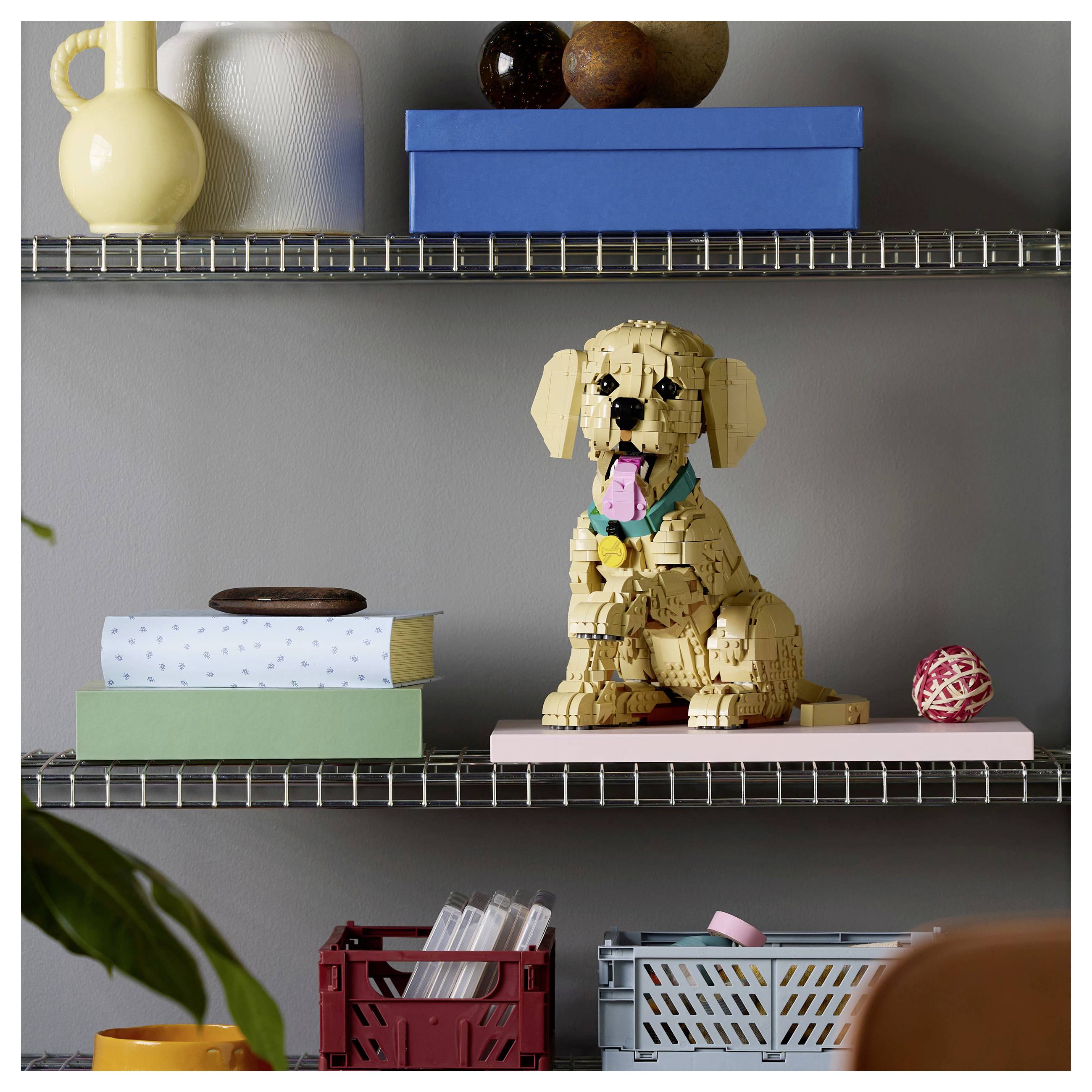 Ein LEGO-Modell eines Labrador-Welpen sitzt auf einem Regal und hält ein rosa Spielzeug. Umgebende Gegenstände sind Bücher, eine Vase und dekorative Objekte.