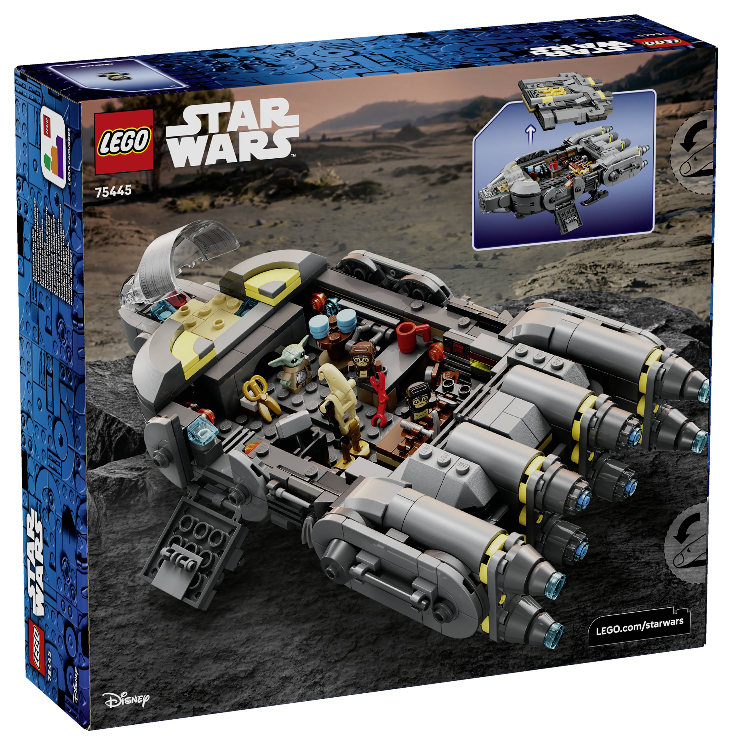 Eine LEGO Star Wars Schachteln, die ein detailliertes Raumschiffmodell mit Figuren im Inneren zeigt. Der Hintergrund zeigt eine felsige Landschaft.