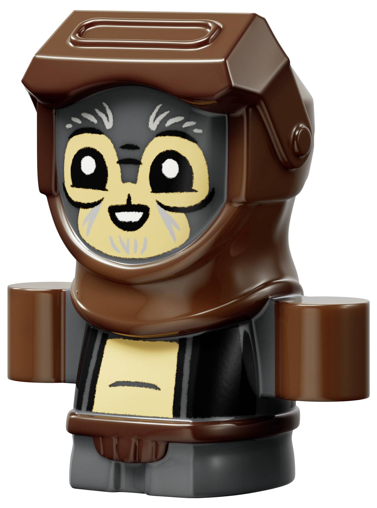 Eine kleine, braun und grau gefärbte Spielfigur aus Kunststoff, die einem Tier ähnelt, mit großen Augen und einem lächelnden Gesicht, das eine braune Kapuze trägt.