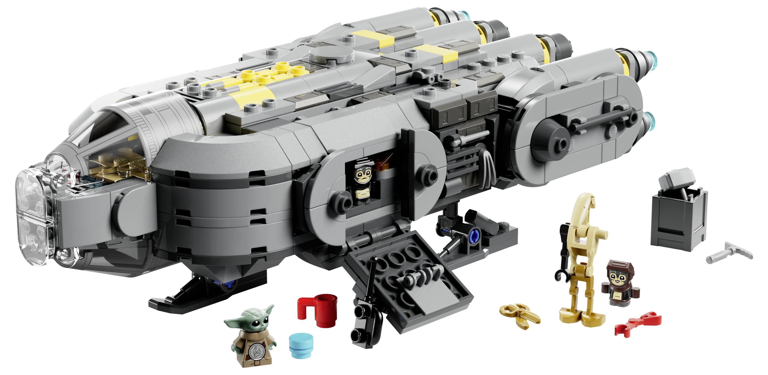 Ein LEGO-Raumschiff-Set mit detaillierten Komponenten, einschließlich zwei Minifiguren, einer kleinen grünen Figur und Zubehör wie eine Schüssel und einen Schraubenschlüssel.