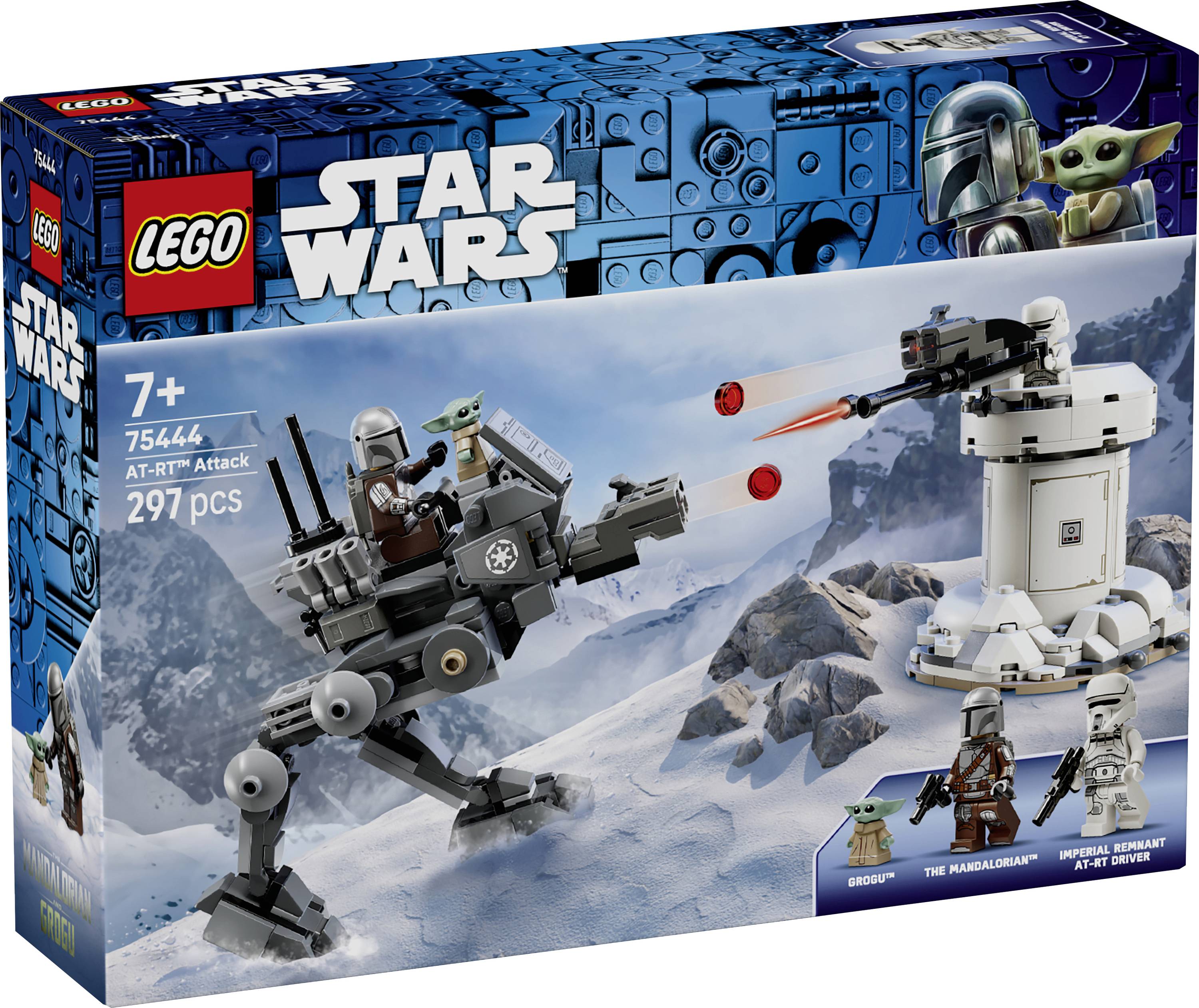 LEGO Star Wars AT-RT Setbox zeigt ein Bild des Mandaloriers und Grogus in einer verschneiten Landschaft. Enthält einen AT-RT Walker und ein Speeder.