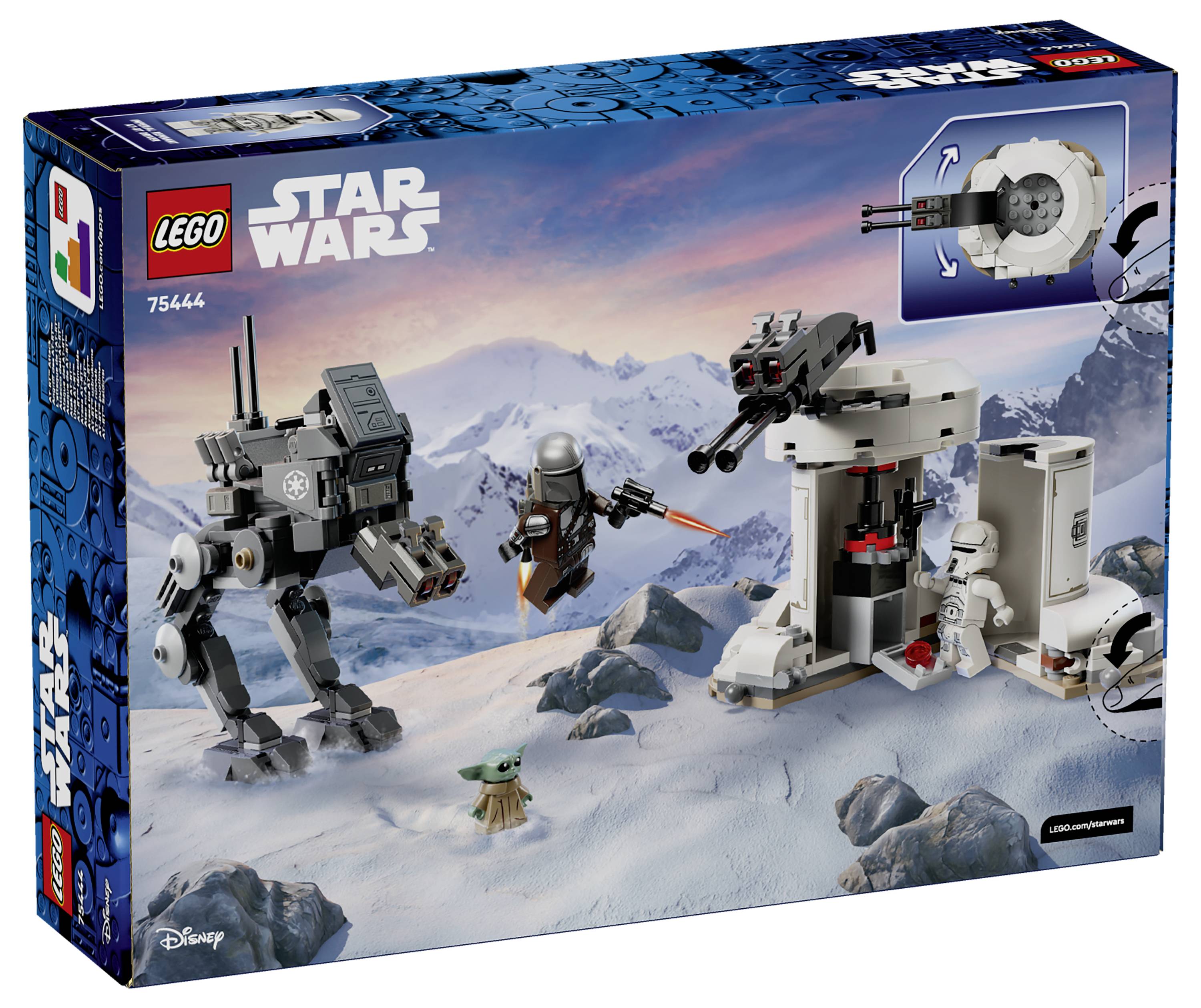 LEGO Star Wars Set mit einem AT-ST Walker, einer Mandalorier-Figur und einer Landschaftsszene mit Schnee. Die Schachtel enthält Branding und die Satznummer 75322.