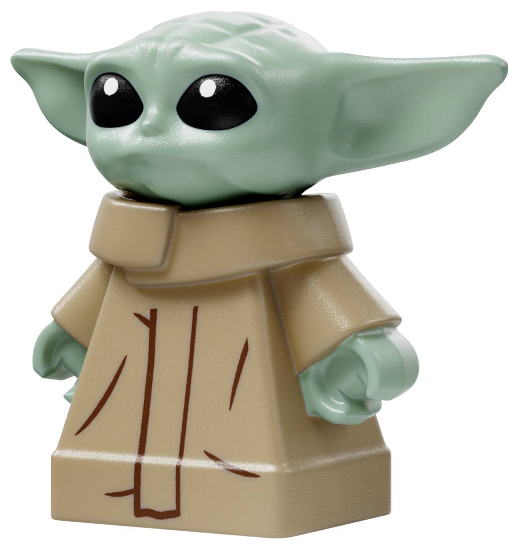Eine kleine LEGO-Figur, die einem grünen Wesen mit großen Ohren und schwarzen Augen ähnelt und ein beiges Gewand trägt. Ähnelt einem Charakter aus einer Science-Fiction-Serie.
