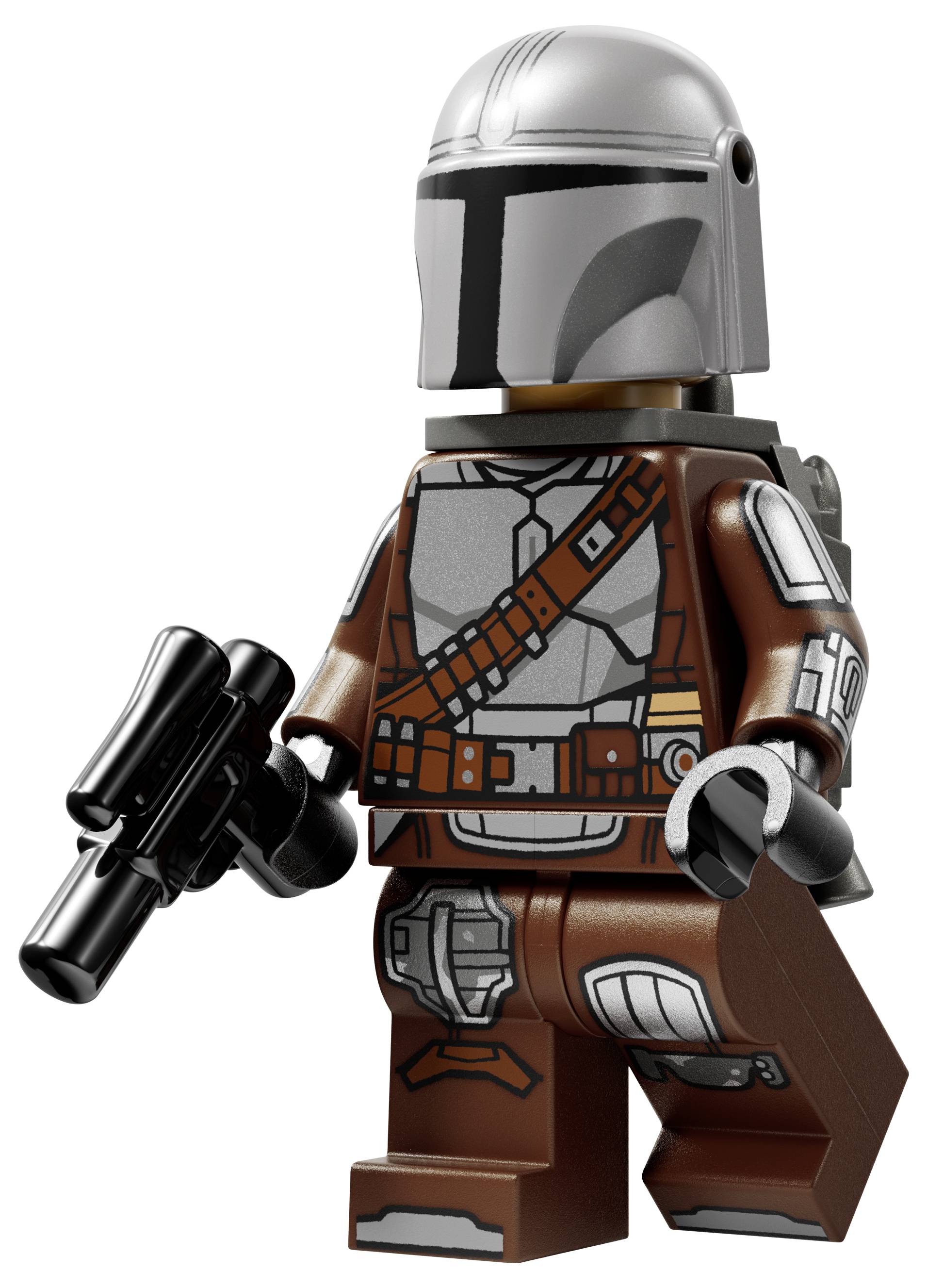 Eine LEGO-Figur, die einer Science-Fiction-Figur ähnelt, trägt einen silbernen Helm und braune Rüstung, hält einen schwarzen Spielzeugblaster und steht aufrecht.