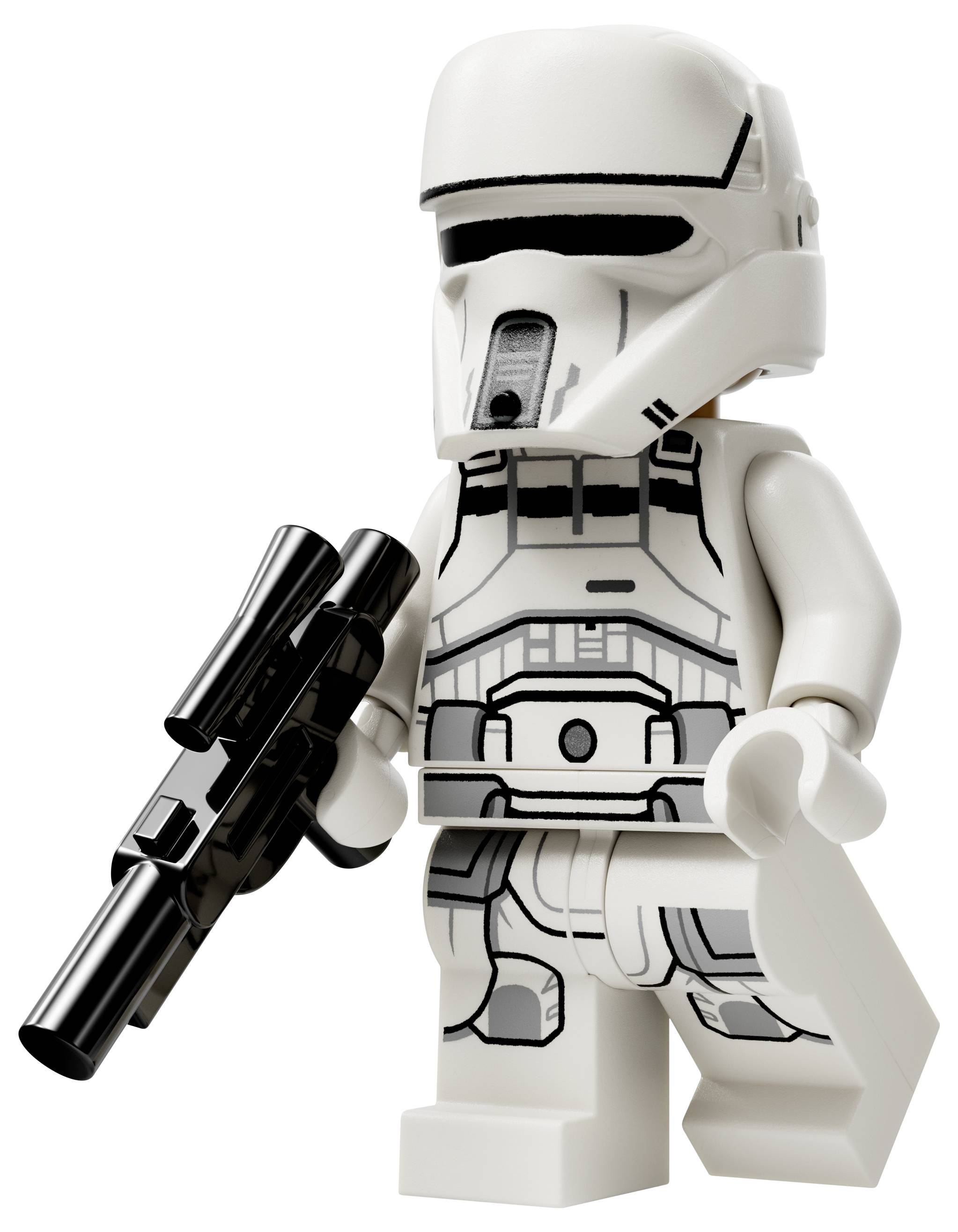 Eine LEGO-Figur, die einen futuristischen Soldaten ähnelt, der weiße Rüstung trägt und eine schwarze Waffe hält, in einer neutralen Pose stehend.