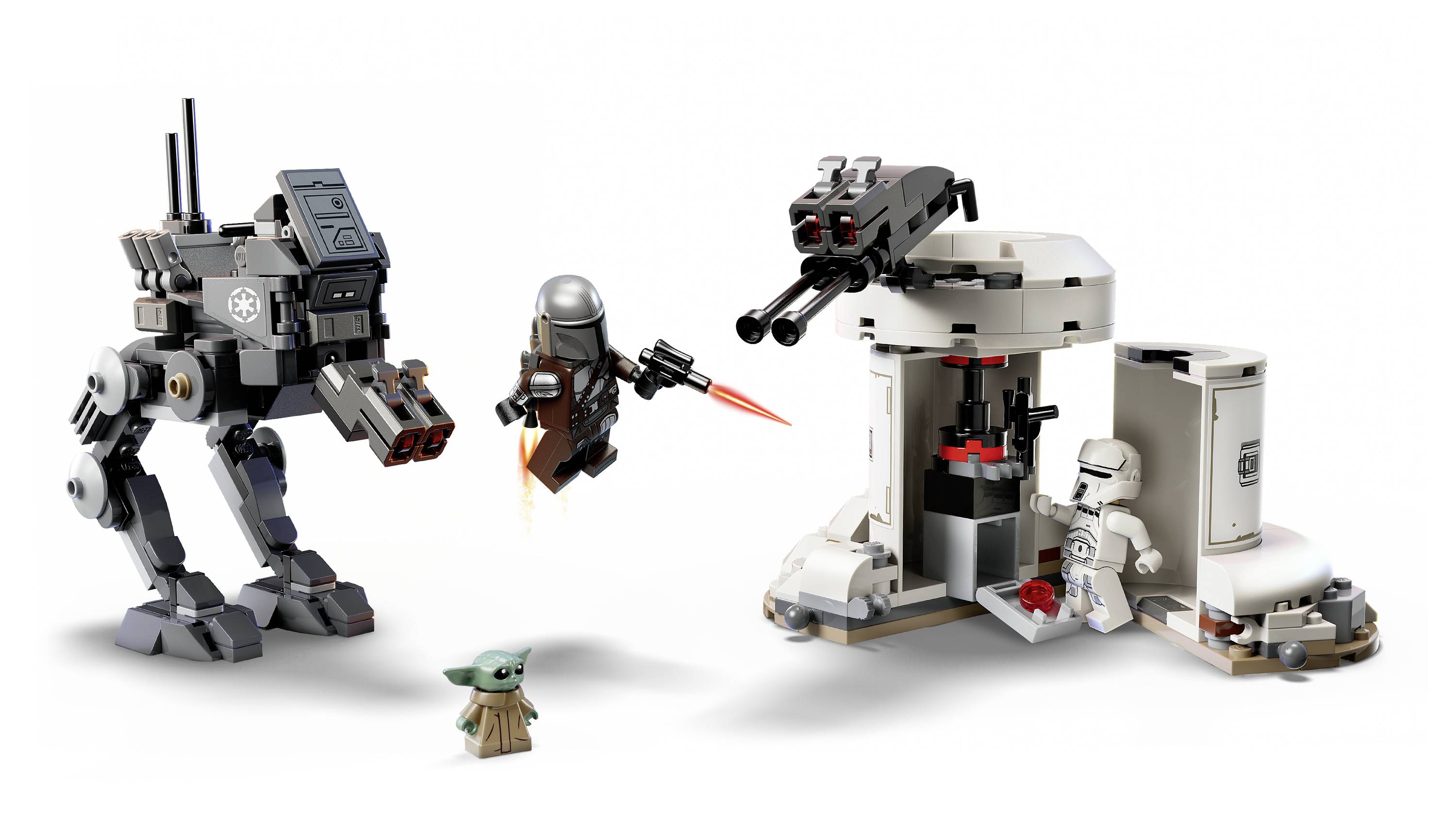 Eine Szene mit verschiedenen Star-Wars-Themen-LEGO-Figuren und -Sets, einschließlich eines Laufers, einer Mandalorier-Figur, einer kleinen grünen Figur und einer Spielset-Umgebung.