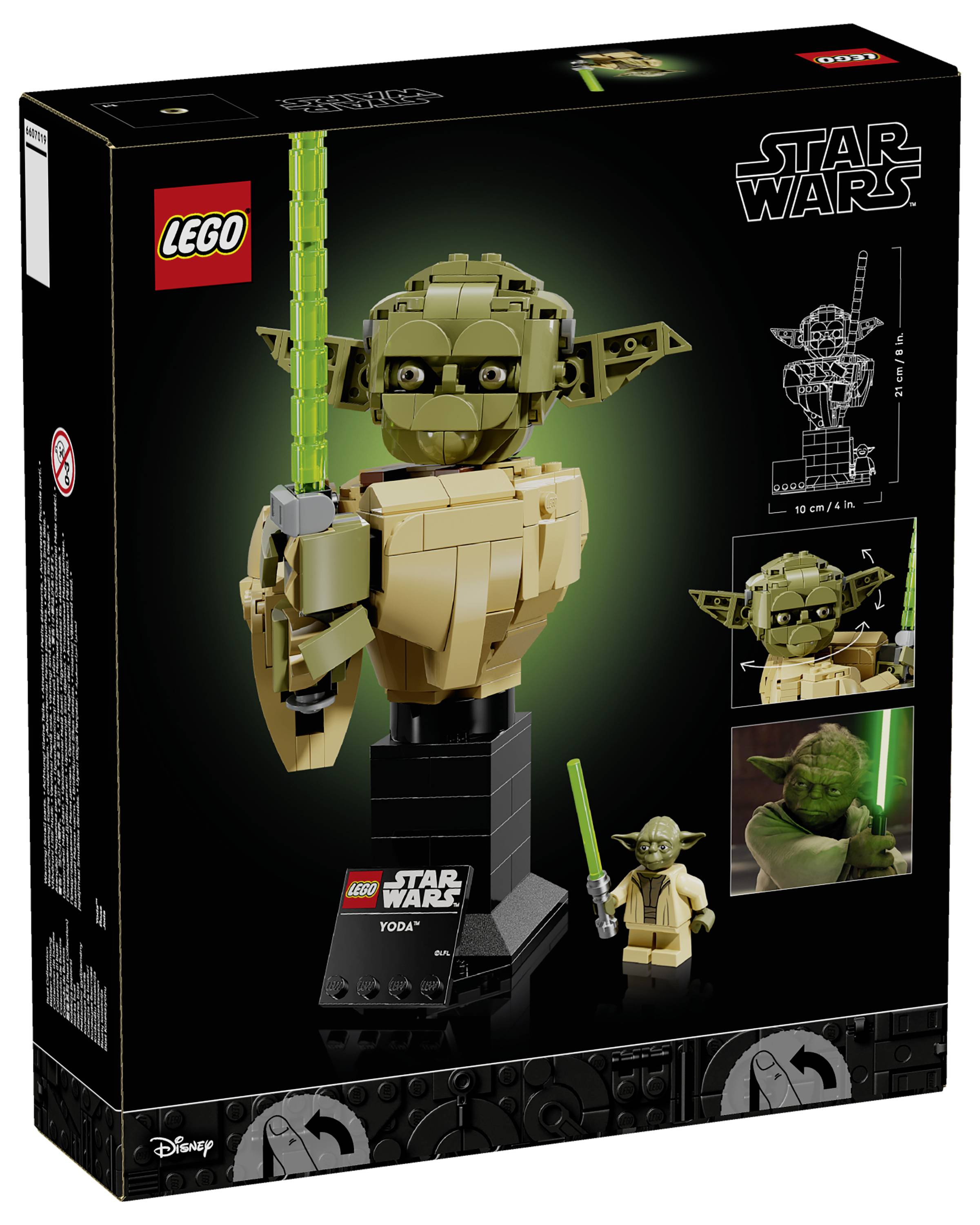 Eine LEGO Star Wars-Setbox mit einer zusammensetzbaren Yoda-Figur mit einem Lichtschwert. Enthält Abbildungen des fertigen Modells und der Minifigur.