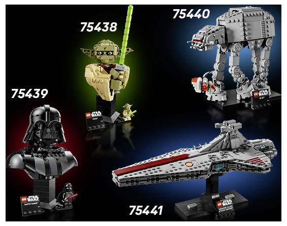 LEGO Star Wars Sets mit Yoda, Darth Vader, einem AT-AT-Walker und einem Star-Destroyer-Modell, jeweils mit seiner Satznummer gekennzeichnet.