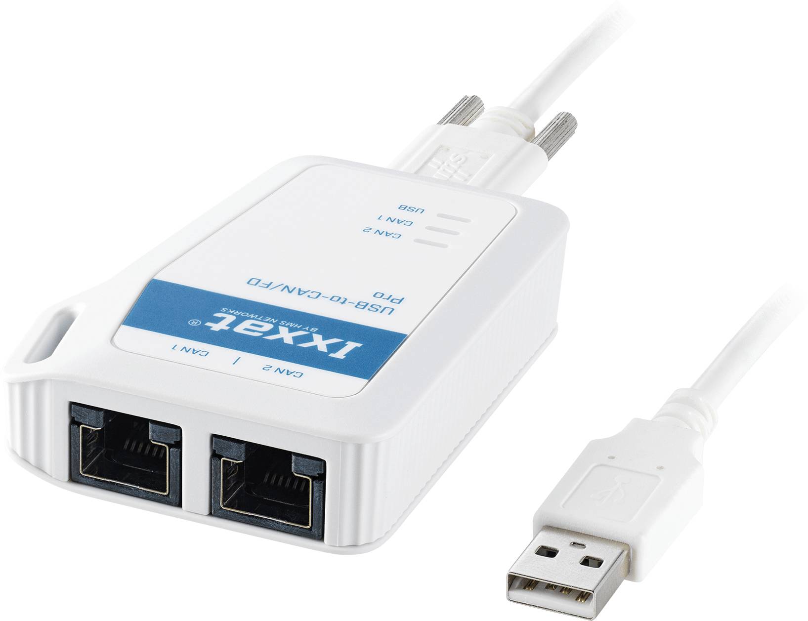 'Ixxat USB-to-CAN Pro' Adapter mit zwei CAN-Anschlüssen und einem USB-Stecker, verwendet zum Verbinden von CAN-Netzwerken mit einem PC über USB.