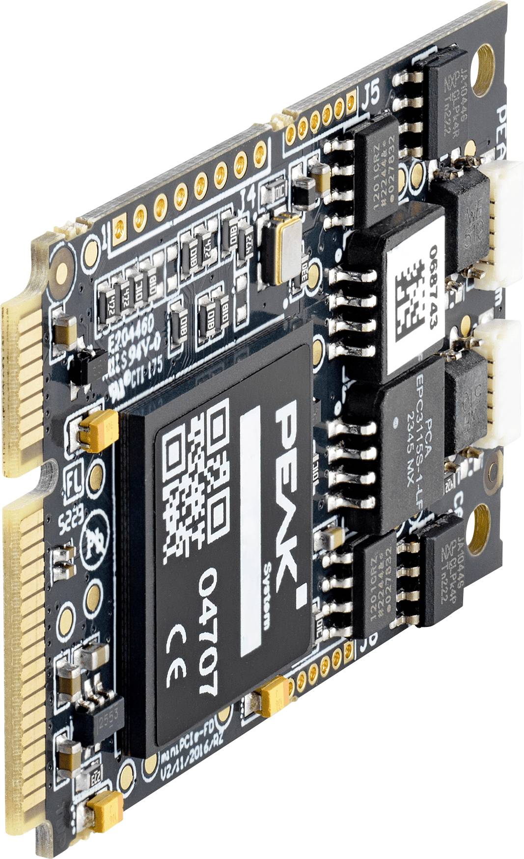 Ein kleines Schaltungsmodul mit Komponenten und Steckverbindern auf beiden Seiten, wahrscheinlich ein kompaktes Computermodul oder Speichergerät.