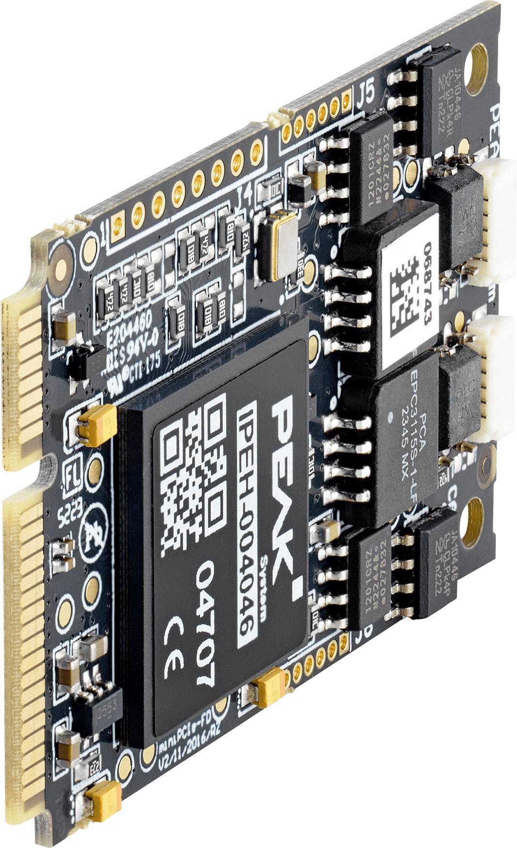 Ein kleiner Computerchip mit sichtbarer Schaltung und Anschlüssen, identifiziert als 'PEV104-1041T', aus einem gekippten Winkel gegen einen weißen Hintergrund fotografiert.