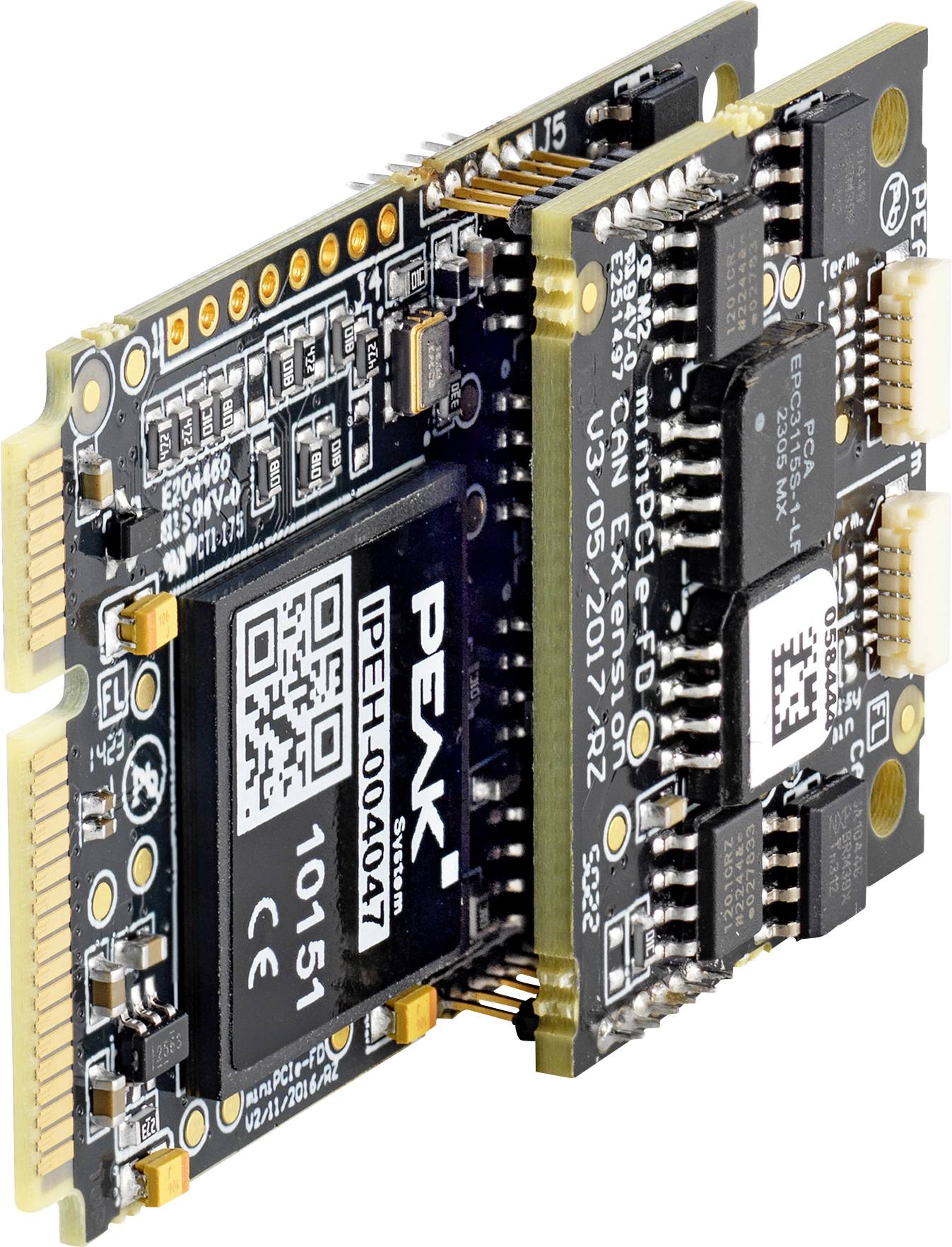Eine Nahaufnahme von zwei gestapelten elektronischen Leiterplatten mit sichtbaren Steckverbindern und gekennzeichneten Komponenten, wahrscheinlich für die Verwendung in Computing- oder Elektronikgeräten.