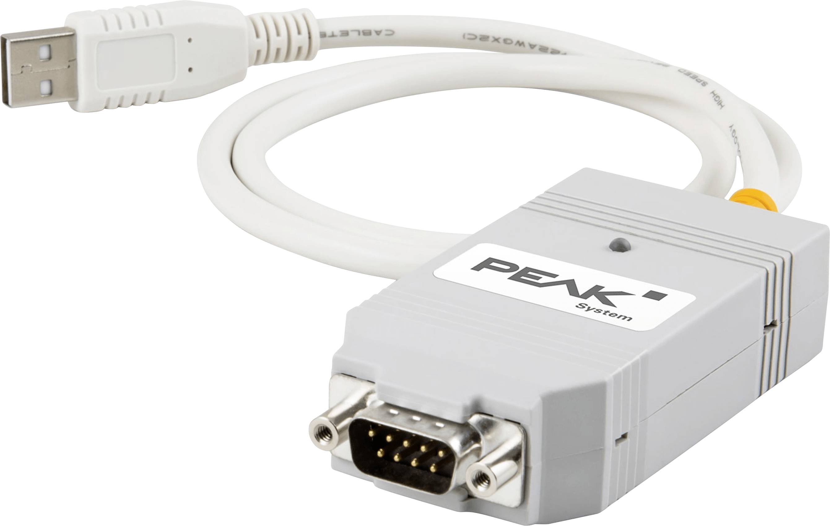 Ein USB-zu-Seriellport-Adapter mit weißem Kabel und grauem Stecker mit der Bezeichnung „PENK System