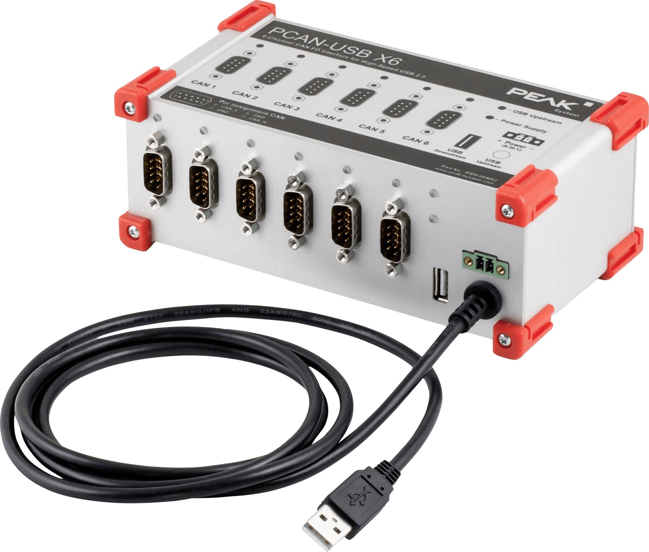 Ein rechteckiges Gerät mit sechs Anschlüssen, das mit „PCAN-USB X6