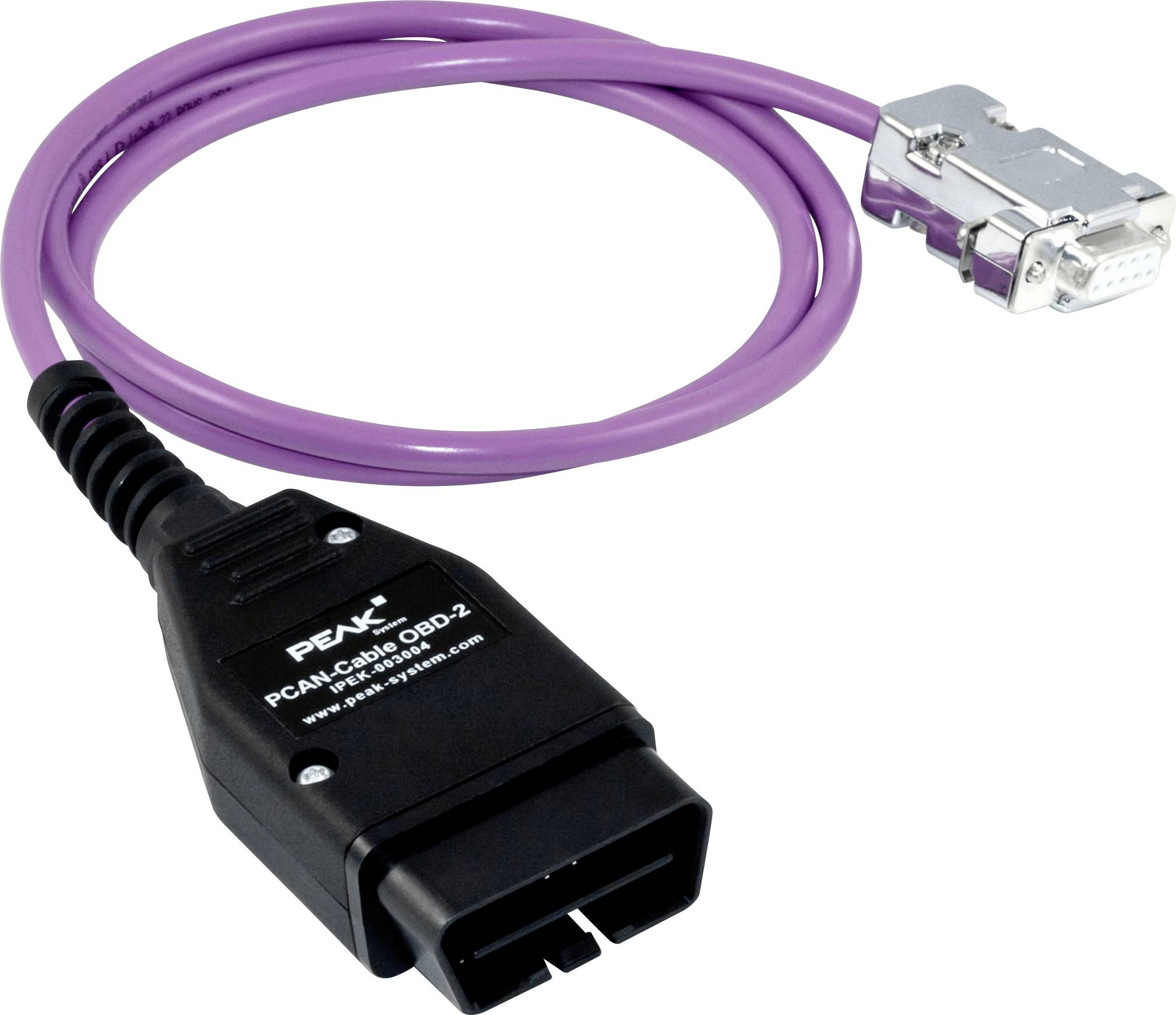 Ein lila Diagnosekabel verbindet einen schwarzen OBD2-Stecker mit einem metallischen DB9-Anschluss und wird für Automobildiagnostik oder Datenübertragung verwendet.