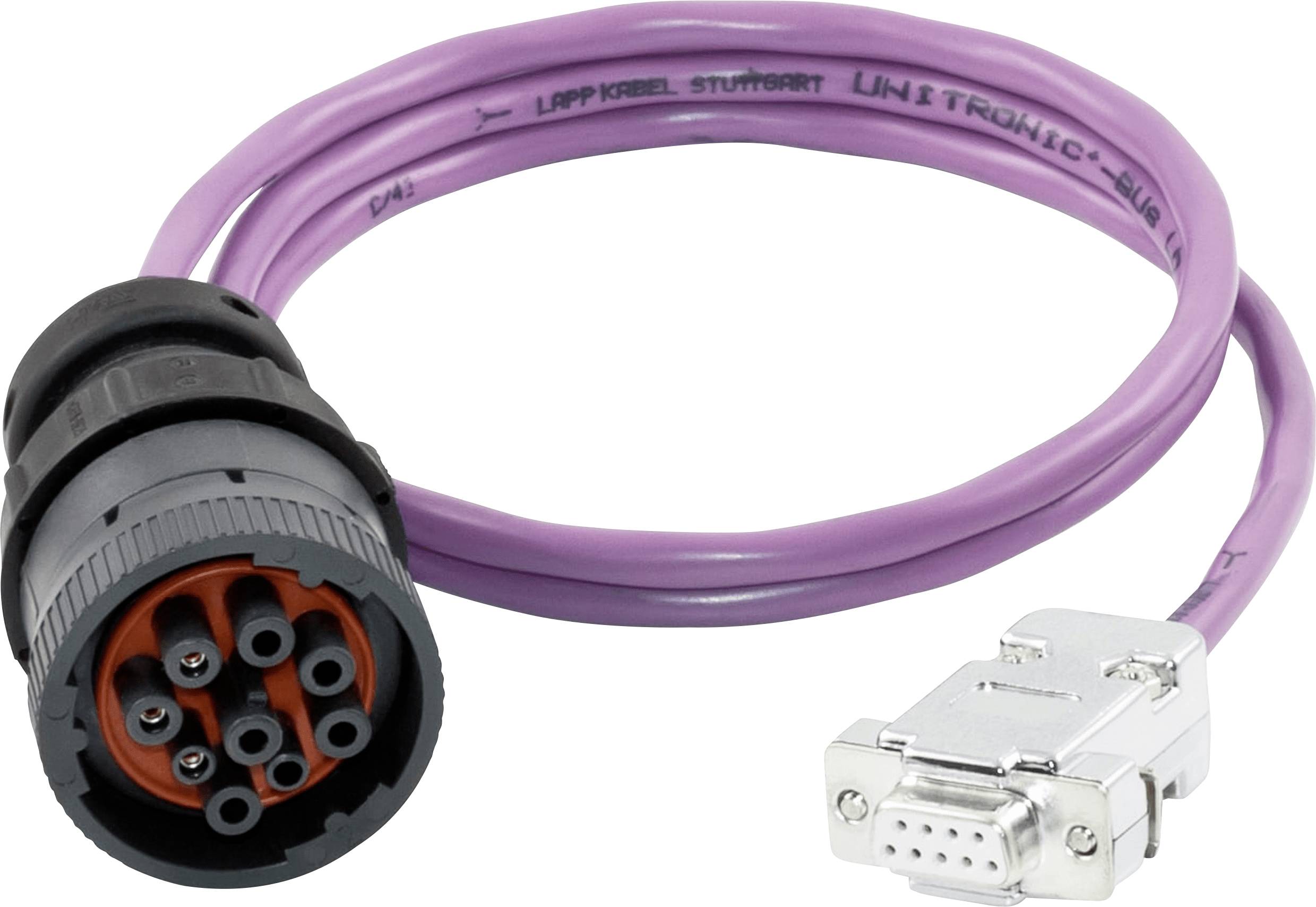 Ein violettes Industriekabel mit einem Mehrpolstecker auf der einen Seite und einem Standardstecker auf der anderen Seite, das für elektronische Verbindungen verwendet wird.