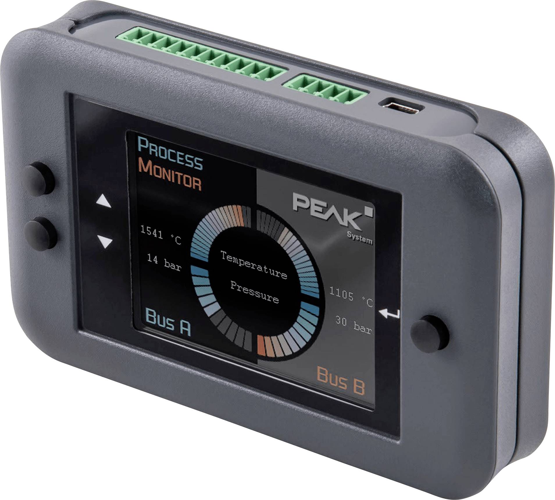 Ein digitales Gerät, das Temperatur- und Druckwerte auf einem kleinen Bildschirm anzeigt. Es zeigt „Prozessüberwachung