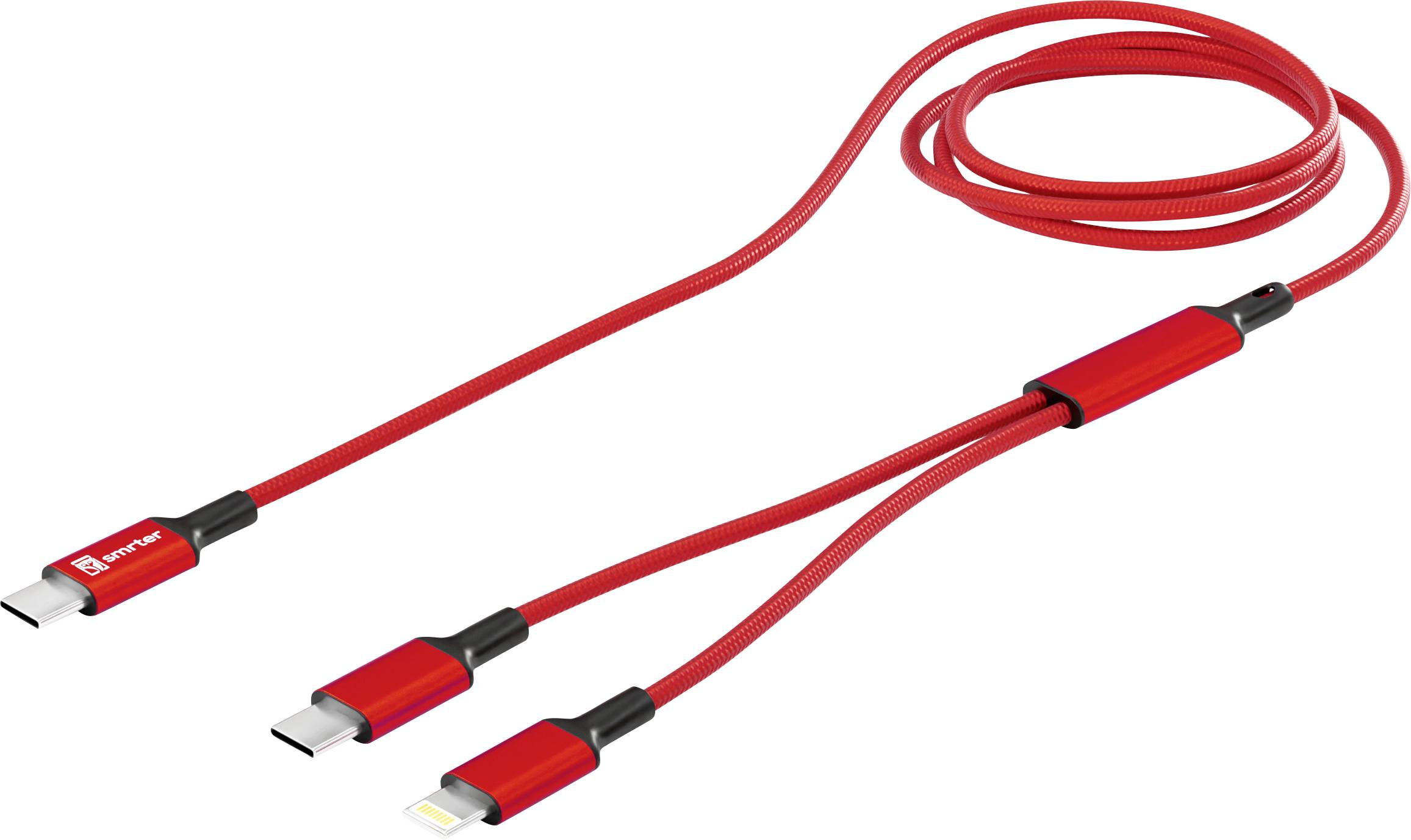 Ein roter 3-in-1 USB-Ladekabel mit USB-C-, Lightning- und Micro-USB-Anschlüssen, entwickelt für vielseitige Gerätekompatibilität.