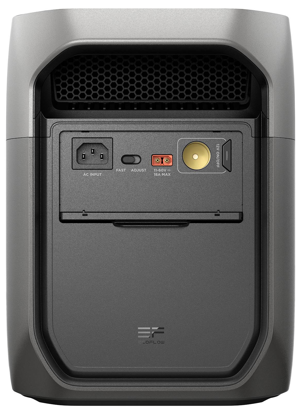 Haushaltsgerät oder elektronisches Gerät, Frontansicht mit Stromanschluss, Bedienungselementen und Anschluss für Konnektivität.