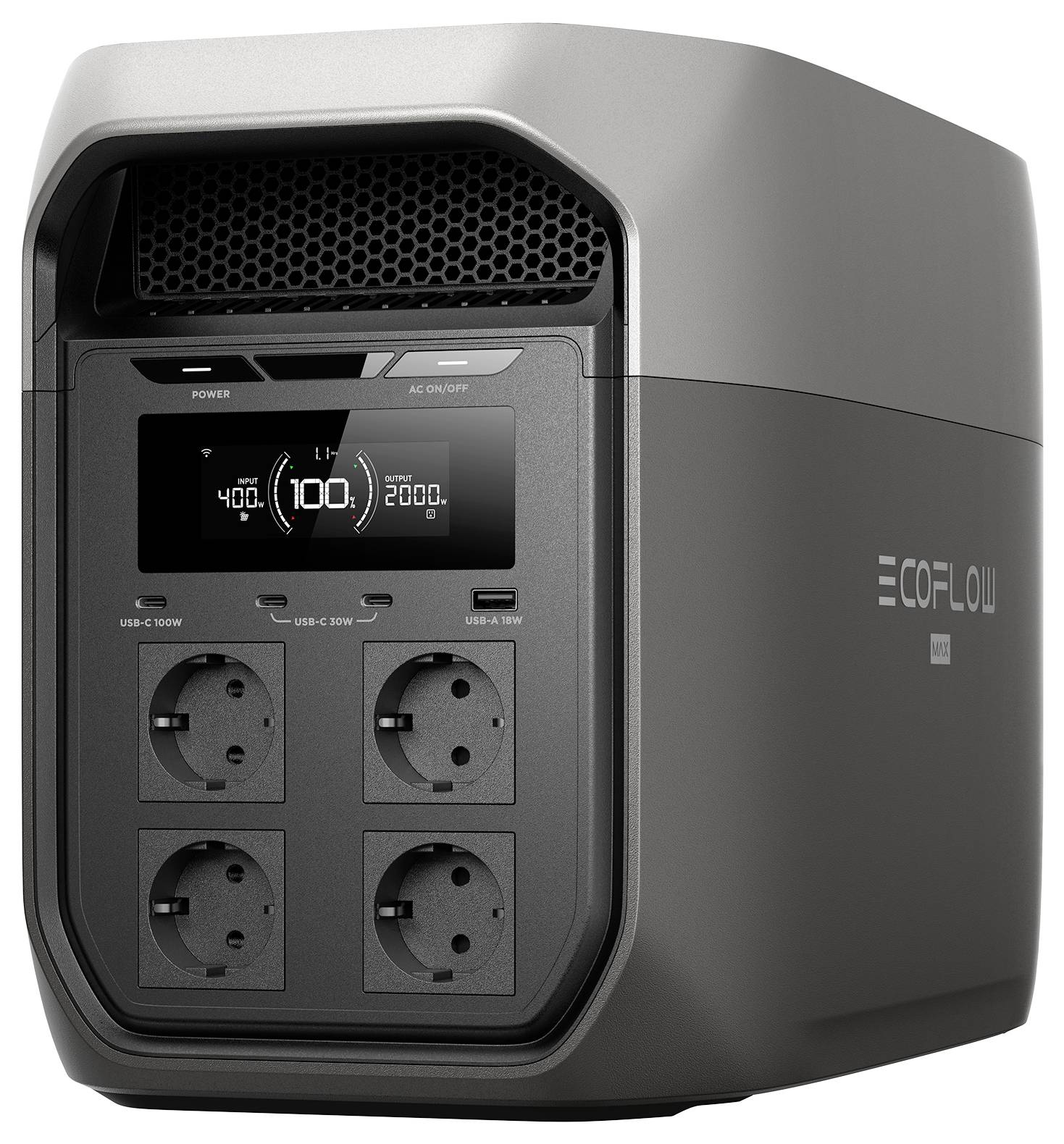 Eine mobile Powerstation mit einem LCD-Display, das den Batterieprozentsatz, Ein-/Ausgansstatus und mehrere Wechselstromsteckdosen anzeigt.