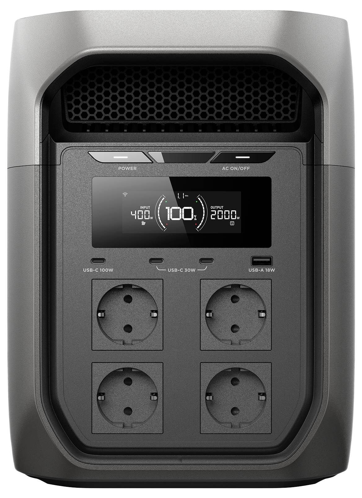 Eine Nahaufnahme der Frontplatte einer mobilen Powerstation mit einem digitalen Display, das den Batteriezustand anzeigt, Einschalttasten und mehreren Anschlüssen.