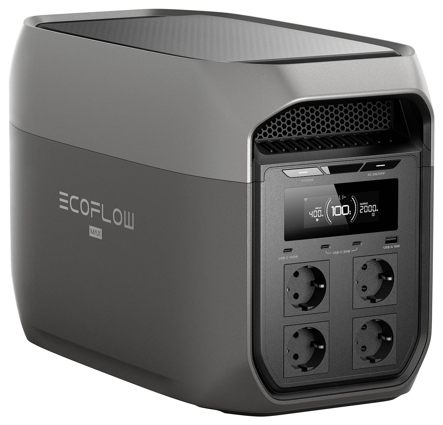 Eine mobile Powerstation mit vier Anschlüssen wird gezeigt, mit der Markenbezeichnung 'ECOFLOW MAX' und einem Bildschirm, der Energiestände und Einstellungen anzeigt.