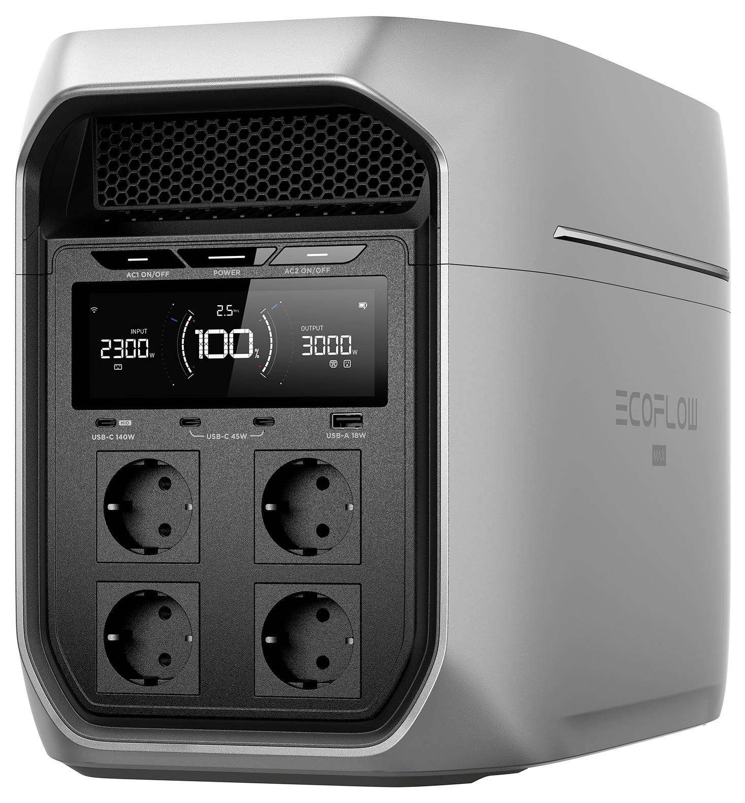 Mobile Powerstation mit vier Anschlüssen, digitales Display zeigt '230V', '100%' Batterie und verschiedene Leistungsmodi. Silber und schwarz Design.