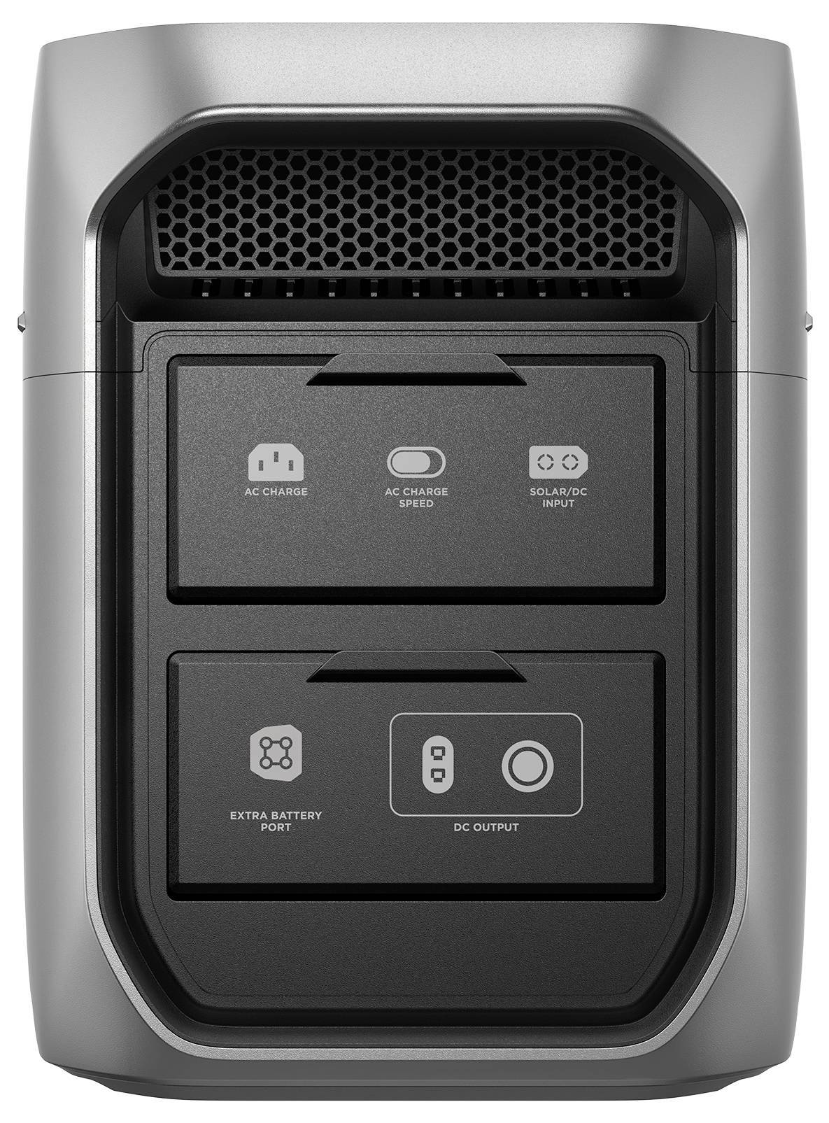 Eine mobile Stromversorgungsstation mit AC- und DC-Ausgängen, einem zusätzlichen Akkuanschluss sowie Anzeigen für AC-Ladung, AC-Ladegeschwindigkeit und Solar-/DC-Eingang.