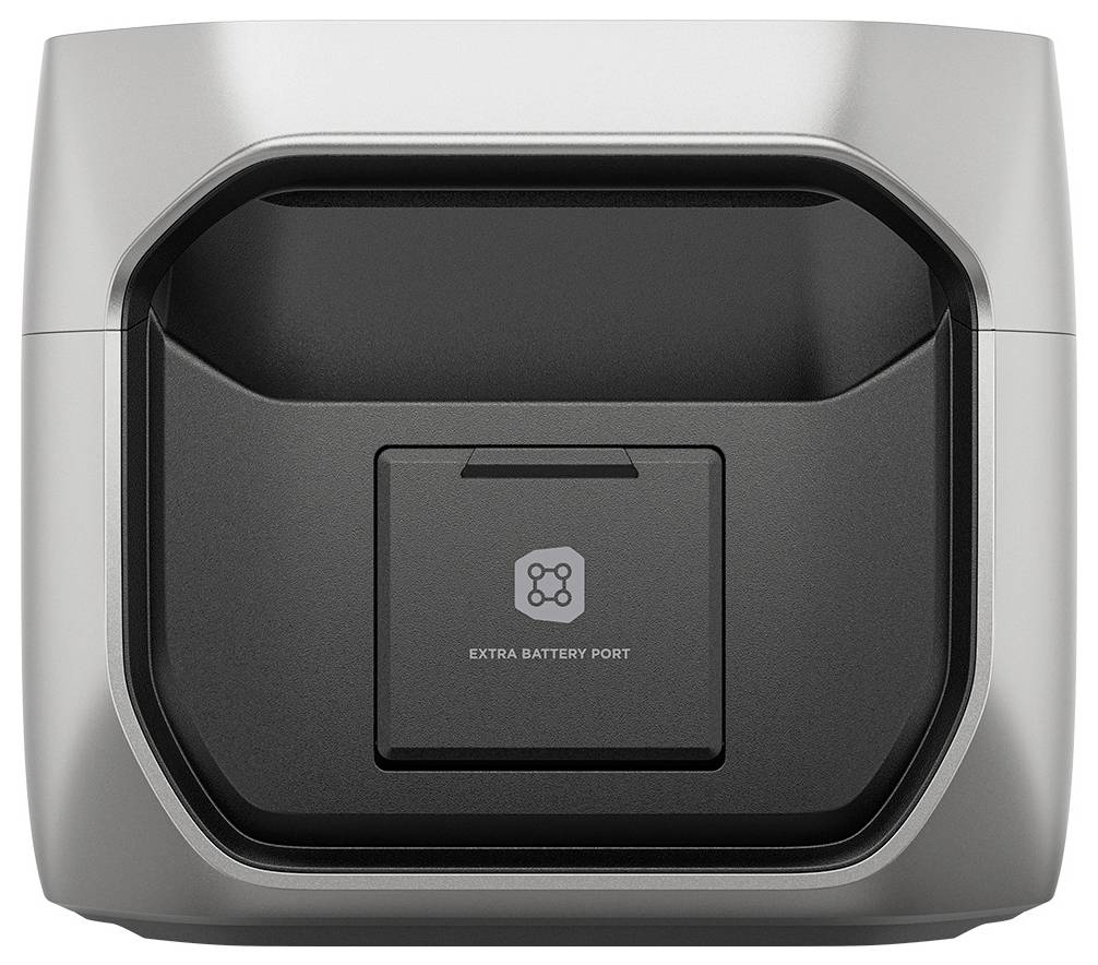 Drohnen-Ladestation mit einem 'zusätzlichen Batterieport' in der Mitte, konzipiert für effizientes Laden und Batteriemanagementsysteme.