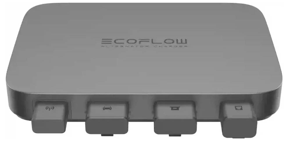 EcoFlow-Wechselrichter-Ladegerät mit drei Anschlüssen an der Vorderseite, die für verschiedene Funktionen beschriftet sind.
