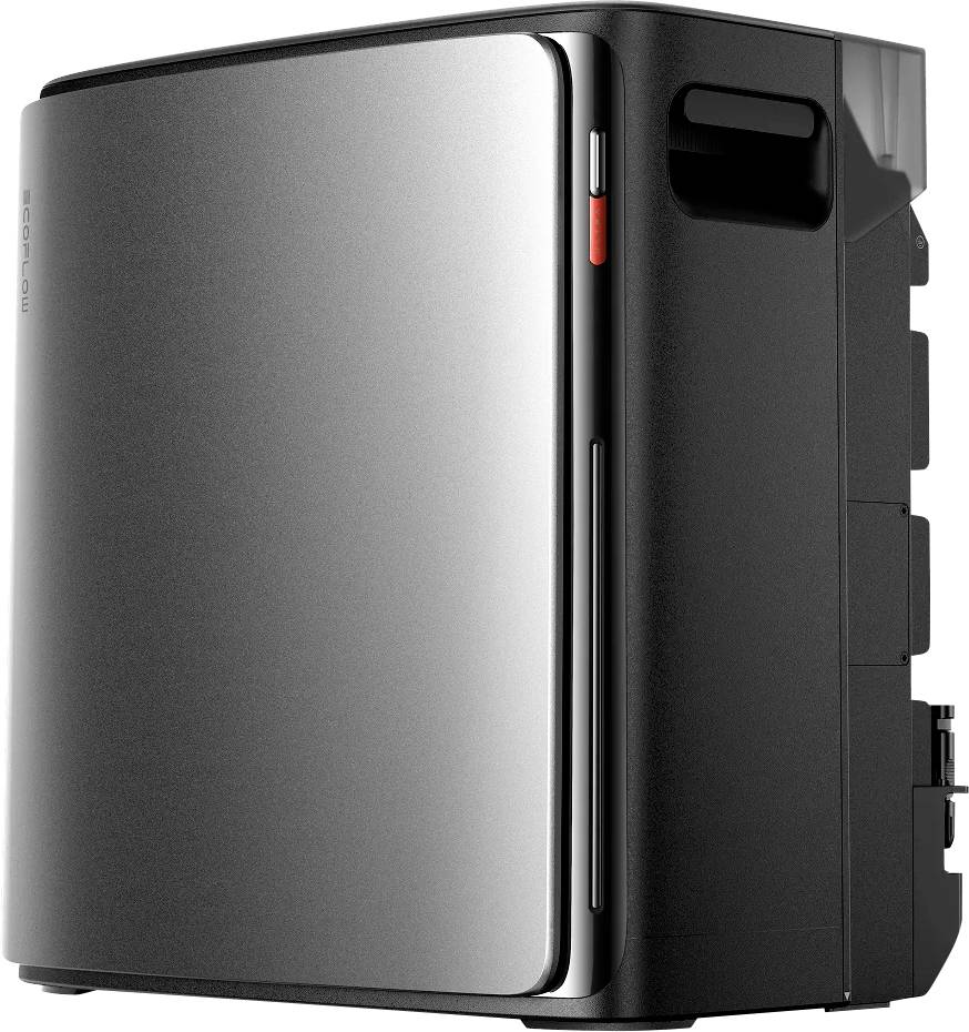 Ein schlanker, moderner Desktop-Computerturm mit metallischer Oberfläche und dezenten LED-Anzeigen, ausgestattet mit einem seitlichen Griff für bessere Transportierbarkeit.