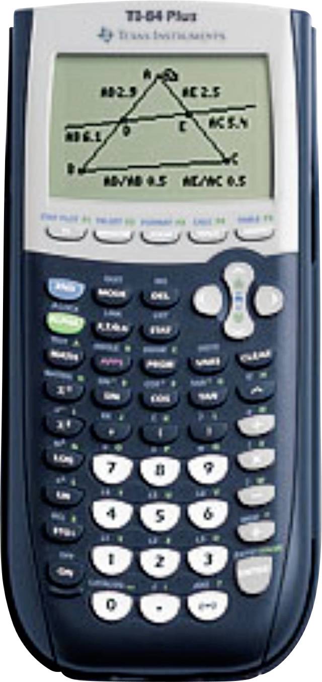 Ein Taschenrechner mit Grafik, der ein Dreieck mit geometrischen Notationen und Berechnungen auf dem Bildschirm zeigt. Das Gerät ist das Modell TI-84 Plus.