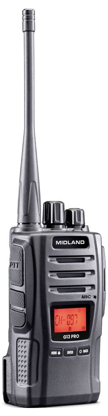 Ein schwarzes, tragbares Walkie-Talkie mit einer langen Antenne und einem roten LED-Bildschirm, auf dem 'CH-897' angezeigt wird. Es verfügt über mehrere Tasten und einen Lautsprecherschlitz.