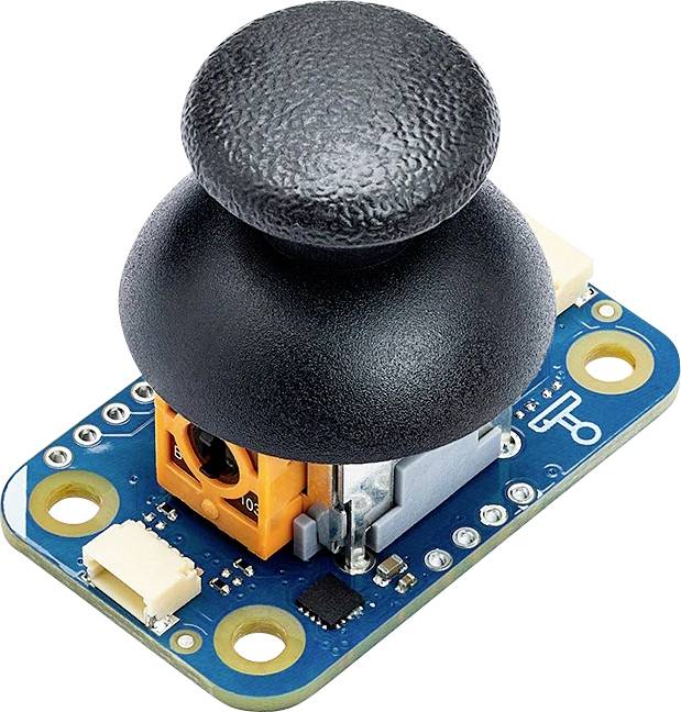 Eine Nahaufnahme eines schwarzen Joystick-Moduls auf einer blauen Leiterplatte, mit Anschlüssen und elektronischen Komponenten, verwendet in elektronischen Projekten.