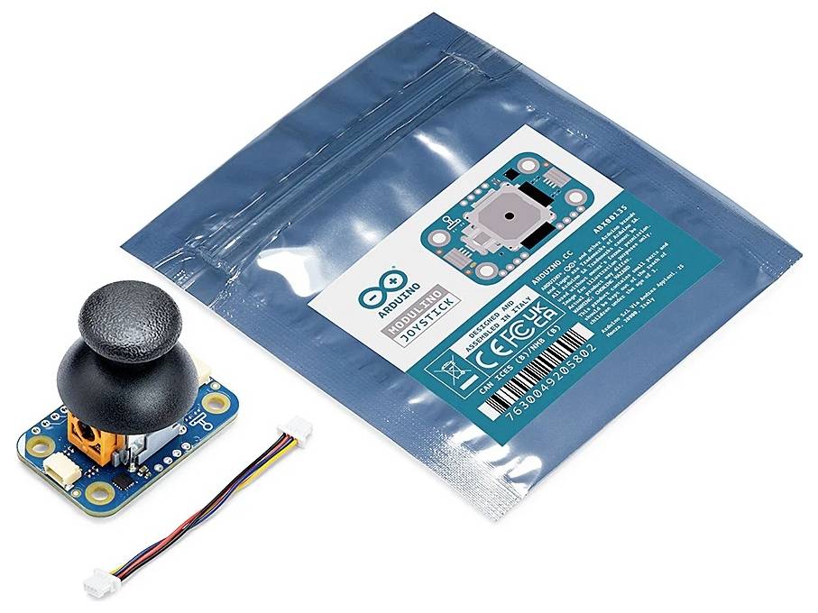 Arduino-Joystick-Set mit einem Joystick-Modul, Verbindungskabel und Verpackung, auf der die Modellnummer und Komponentendetails angezeigt werden.