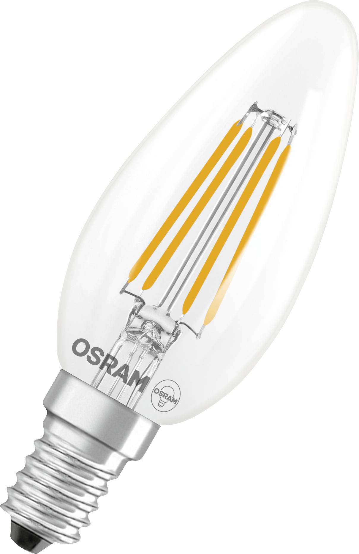 Eine dekorative LED-Glühbirne mit Kerzenform und sichtbarem orangefarbenen Filamentdesign, auf der silbernen Basis mit der Aufschrift 'OSRAM'.