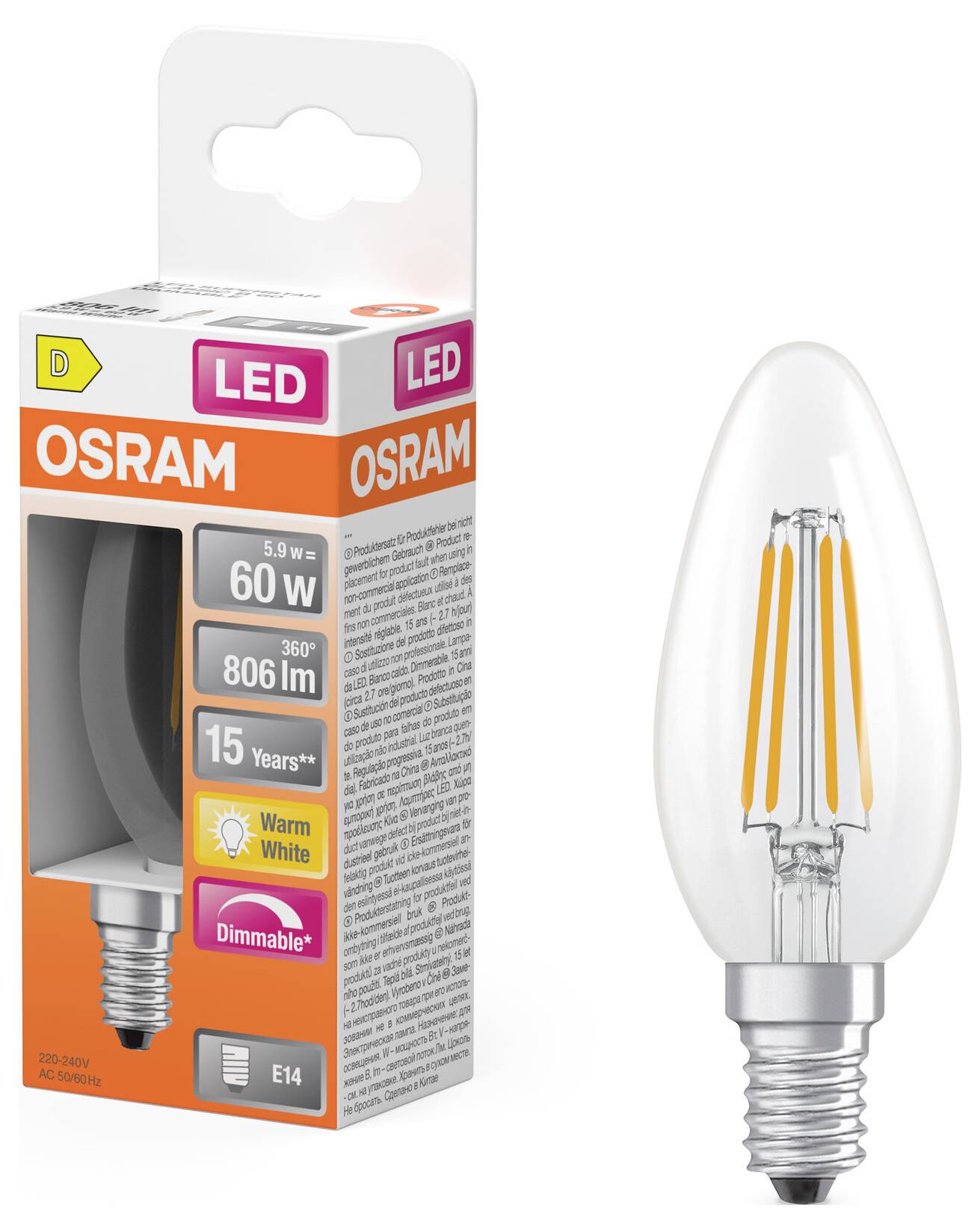 Eine transparente LED-Glühbirne neben ihrer orange-weißen Verpackung, beschriftet mit 'OSRAM LED', mit Spezifikationen: 5,9 W, 60 W Äquivalent, 806 Lumen, E14 Sockel, 15 Jahre Lebensdauer.